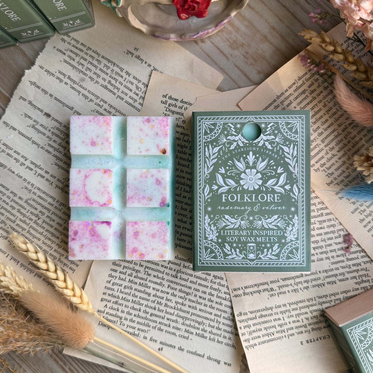 Folklore bookish soy wax melt bar.