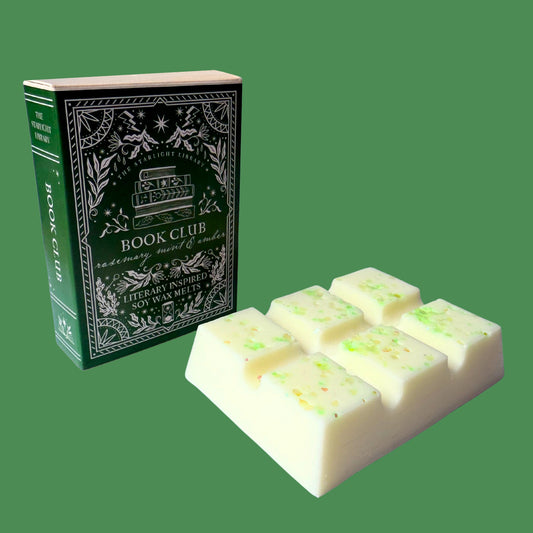 A Book Club Wax Melt Bar against a green studio background.